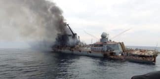 Moskva warship after being hit by Neptune missile. Confirmed picture
