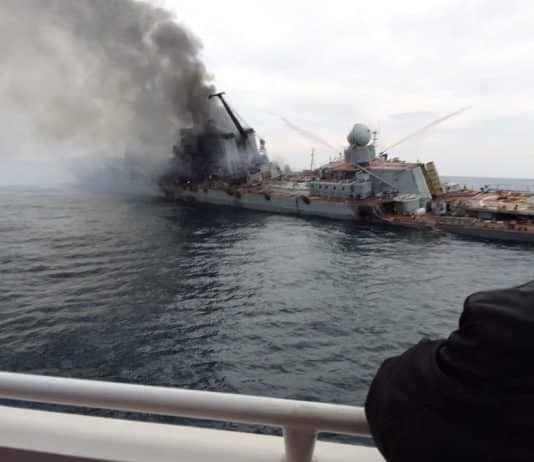 Moskva warship after being hit by Neptune missile. Confirmed picture