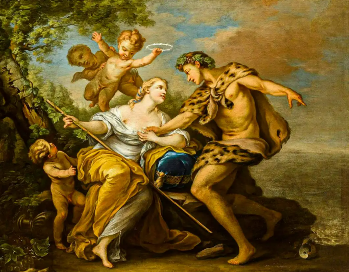 In the painter's representation, the crown that Dionysius presented to Ariadne starts transforming into a constellation already above her head.