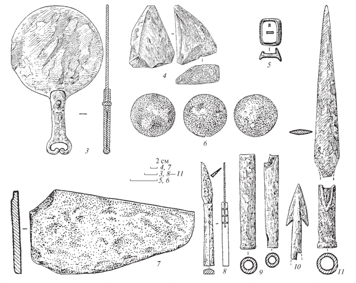 3 - bronze mirror with iron handle; 4 - wooden grinder; 5 - iron clasp; 6 - stones for a sling; 7 - stone plate; 8 - iron knife with bone handle; 9 - iron handles; 10 - spike of an iron javelin; 11 - spike of an iron spear.