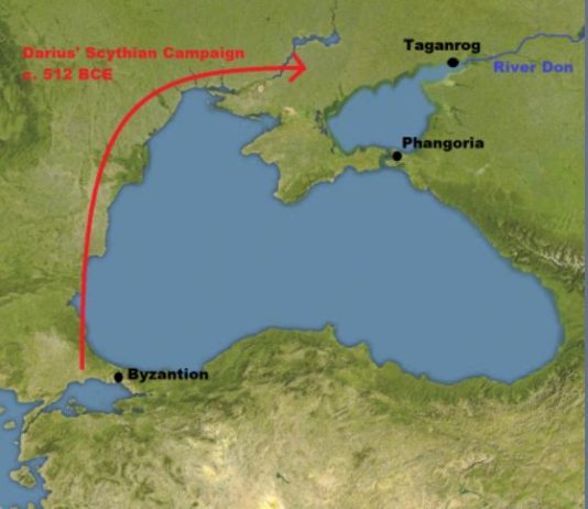 The first Scorched Earth policy was used by Scythians in the area of what is present-day Ukraine in 513 B.C. against the Persian Army of Darius the Great