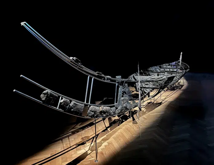 Hjortspring boat currently displayed at the National Museum of Denmark