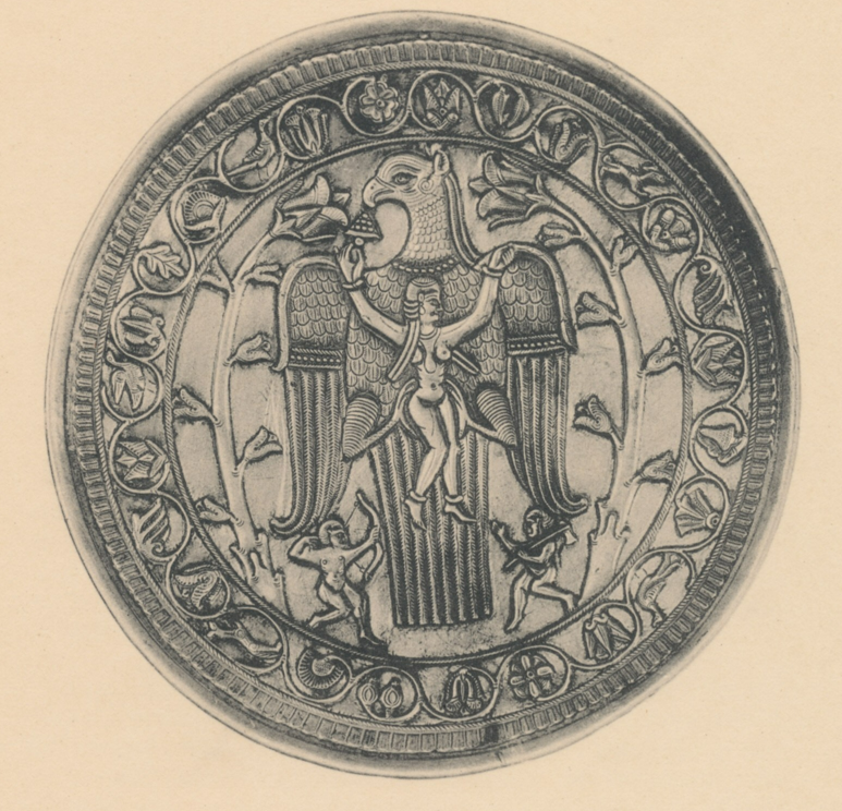 10th-century Rhyton from Chernihiv Black Barrow: Local and Indo-Iranian ornamentation motifs 4 Indra Eagle stealing Ishtar Soma Silver Dish diameter 22cm height 4 point 7