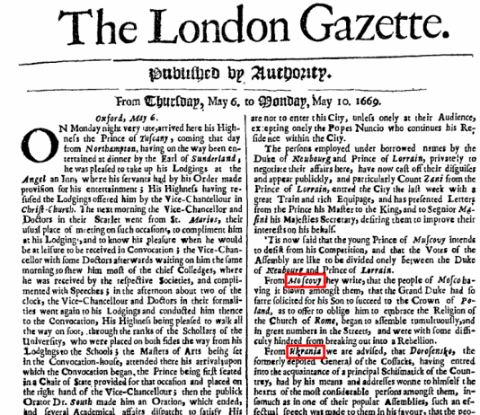 ‘Ukraine’ and ‘Muscovy’ names in the 1669 issue of The London Gazette