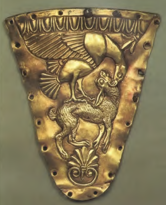 Overlay for a wooden rhyton with relief of an eagle tearing a hare